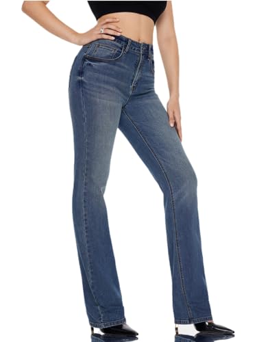 BlueMoment Straight Leg Jeans for Women High Rise Stretchy Slim Fit Jeans Soft Trendy Boyfriend Raw Hem Jean Casual Mid Blue4