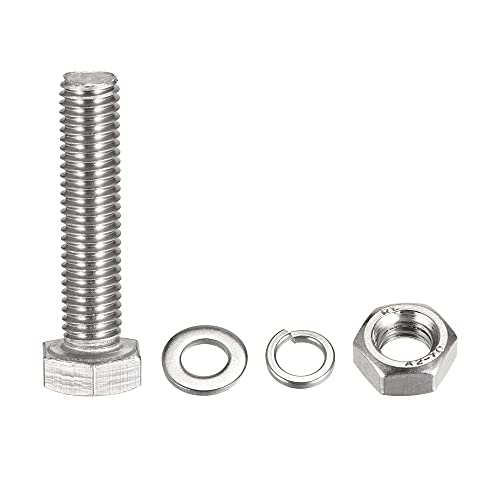 Image of uxcell M10 x 50mm Hex Head Screws Bolts, Nuts, Flat & Lock Washers Kits, 304 Stainless Steel Fully Thread Hexagon Bolts 4 Sets