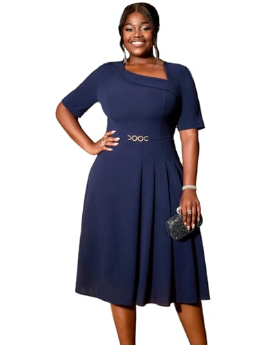 AOMEI Women's Irregular Neck Short Sleeve Buckle Asymmetrical A-Line Casual Work Dress