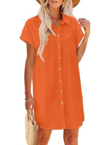 Zeagoo Summer Cotton Shirt Dress Linen Casual Short Sleeve Button Down Beach Cover Up Plus Size Tropical Tshirt Dress V-Neck Tunic Sundress OrangeXXL