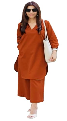 Image of Femezone Women Cotton slub Co-ord Kurta and Pant Set (FEM22230610-01-Vcord)