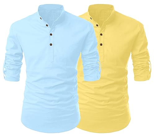 Image of FINIVO FASHION Combo of Men's Cotton Blend Solid Regular Fit Full Sleeve Straight Short Kurta Shirt, Casual and Formal Wear