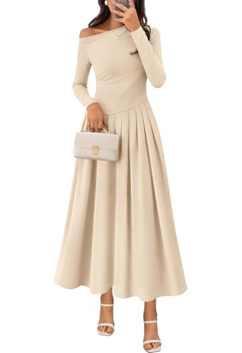 MEROKEETY Women's Fall Long Sleeve Wedding Guest Dresses 2025 One Shoulder Elegant Formal Pleated Midi Maxi Dress, Apricot, Medium