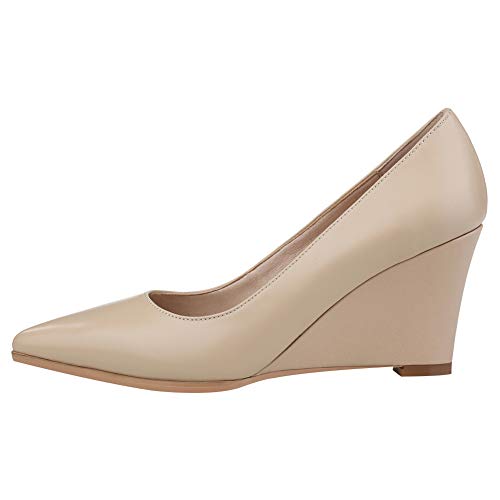 ANUFER Womens Genuine Leather Pointed Toe 5.5CM/8CM Wedge Heel Pumps Office Work Court Shoes2