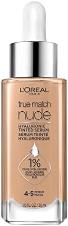 L’Oréal Paris True Match Nude Hyaluronic Tinted Serum, Tinted Face Serum with Hyaluronic Acid for Lightweight Coverage and Instant Hydration, Radiant Finish – Medium, 30 mL
