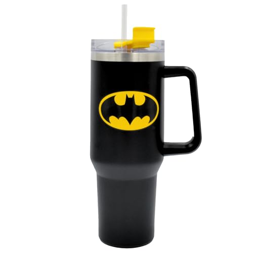 HOX Batman Trinkbecher mit Strohhalm und Deckel, auslaufsicher, vakuumisolierte Edelstahl-Wasserflasche mit Griff, hält ...