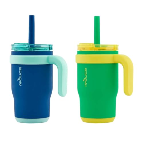 REDUCE 14oz Coldee Tumbler with Handle for Kids Leakproof Insulated Stainless Steel Mug with Lid & Straw –Spill Proof Chew-Resistant Straw 2 Pack