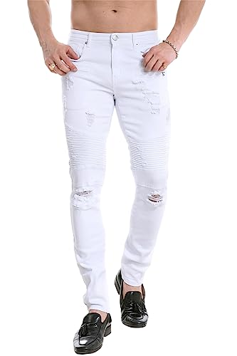 TEGIAS Men's Ripped Zipper Deco Washed Skinny Fit Jeans