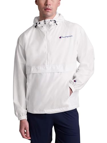 Champion Men's Stadium Packable Jacket, Wind & Water Resistant, Script Logo, Available in Regular and Big & Tall, White, Small