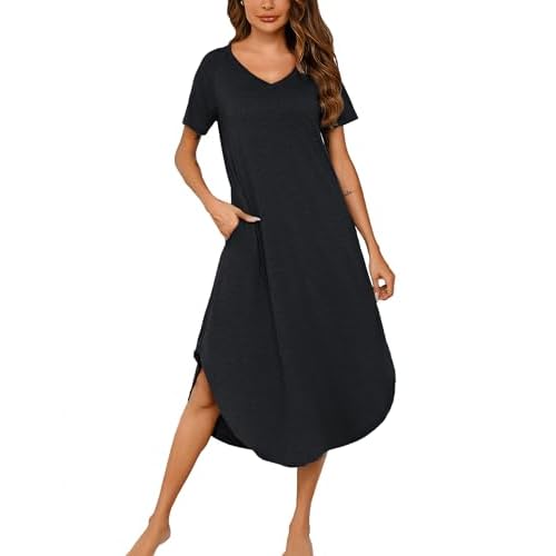 Marvmys Women Short Sleeves Long Nightgown Super Soft Sleepwear Comfy V Neck Cotton Nightshirts with Pocket Black Small