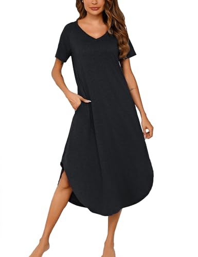Marvmys Women Short Sleeves Long Nightgown Super Soft Sleepwear Comfy V Neck Cotton Nightshirts with Pocket
