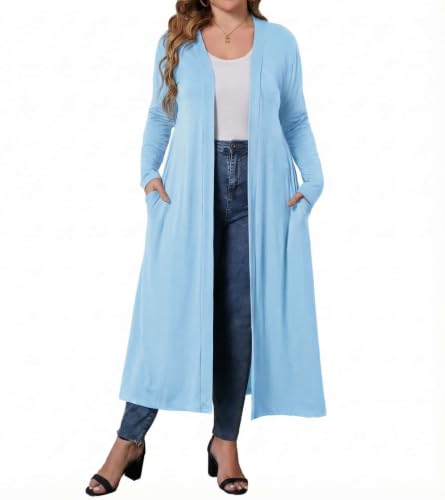 Image of Women Plus Size Floor Length Open Front Drape Cardigan Lightweight Long Sleeve Maxi Duster with Pockets 1X-5X
