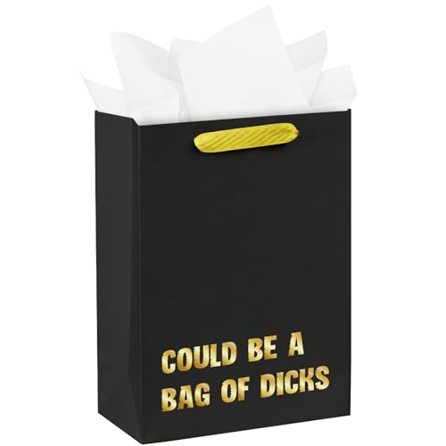 WRAPAHOLIC 13" Large Funny Birthday Gift Bag with Tissue Paper - Could Be a Bag of Dicks Crazy Design Paper Bags for Friend or Valentine's Day