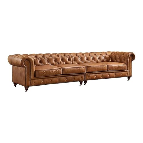 Pemberly Row Top Grain Leather Fully Assembled Chesterfield 118" Leather Sofa in Light Chestnut, Extra-Large Living Room Seating, Upholstered Leather Sofa for Residential or Commercial Use