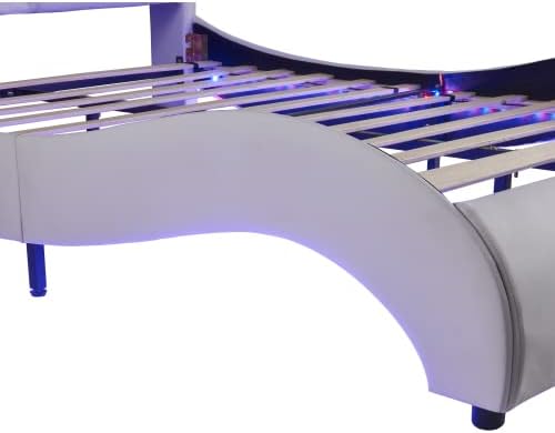 Miniatura 16 de Marco de cama matrimonial con luces LED, moderno marco de cama LED de bajo perfil con cabecero, marco de cama tapizado de piel sintética ondulada de