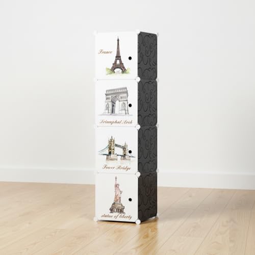 Image of KRISHYAM Kids Modular Storage Cabinet with Travel Landmark Design Doors, 4 Cube Plastic Wardrobe Organizer, DIY Closet System with Hanging Rod, Toy & Clothes Storage (Tower Print, 4 Box)