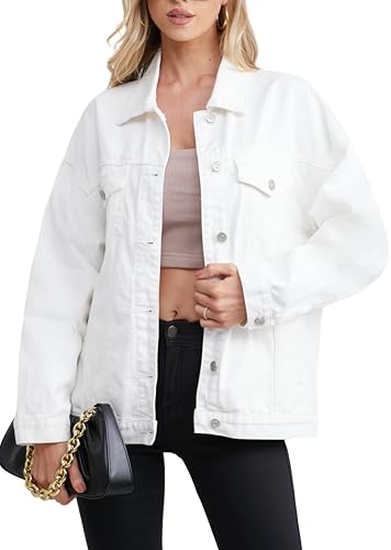 Muundim White Jean Jacket Women, Oversize Loose Style Womens Denim jacket Long Jean Jackets Coats