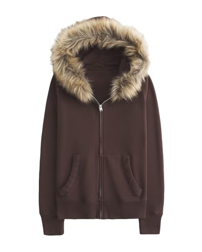 Lauweion Womens Faux Fur Trim Zip-Up Hoodie Fleece Lining Casual