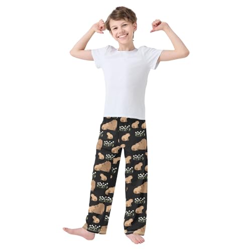 Boys' Pants Animal Capybara White Flower Leaf Long Bottoms Jogger Pants Elastic Waist Trousers with Pockets S-XL2