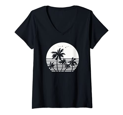 Mujer Vintage Birds Sunset Beach Palm trees Camiseta Cuello V