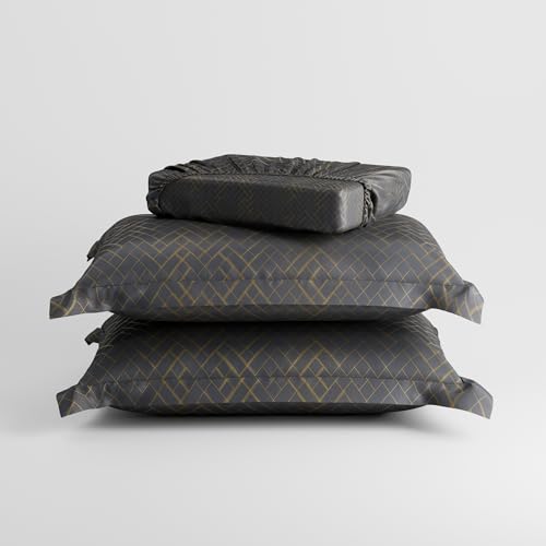 Image of Stoa Paris 300TC UltraSatin Super King Fitted Bedsheet Set with 2 Pillow Covers, Gentle on Skin & Hair, Wrinkle & Fade Resistant, Home Decor, Gift for Couple, Starlit Night - Grey (183cmx213cm+30cm)