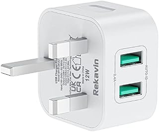 USB Plug Charger,Rekavin Dual Port USB Wall Plug Adapter UK Compact Mains Charge 5V/2.4A with Smart IC Fast Charging Technology for iPhone 14/13/13 Pro Max/12/11 Pro/Xs/XR/8/7,iPad,Samsung,Huawei etc