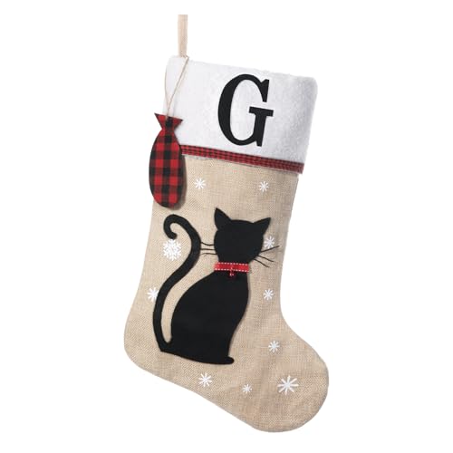 Shgngle 20 Inches Pets Initial Christmas Stocking,Cat Christmas Stocking Personalized with Wood Fish Tags Hanging Ornament,Xmas Gifts for Pets(Letter G)