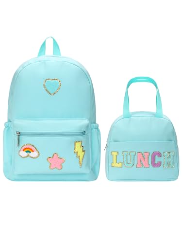 Preppy School Backpack Set for Girls Backpack and Lunch Bag with Chenille Patches Preppy Bookbag Lunch Bag for Back to School Gift(Light Blue)