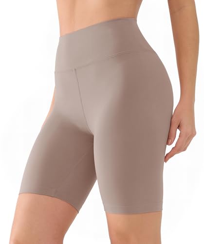 Image of VALANDY 8" Cycling Shorts Women High Waisted Anti Chafing Shorts Seamless Look Under Dress Shorts for Women Non See-Through Squat Proof Biker Shorts for Yoga Daily Wear Khaki