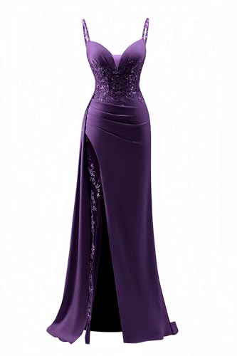 Zeeyecie Spaghetti Strap V-Neck Satin Purple Prom Dresses Corset Tight Mermaid Sequins Glitter...