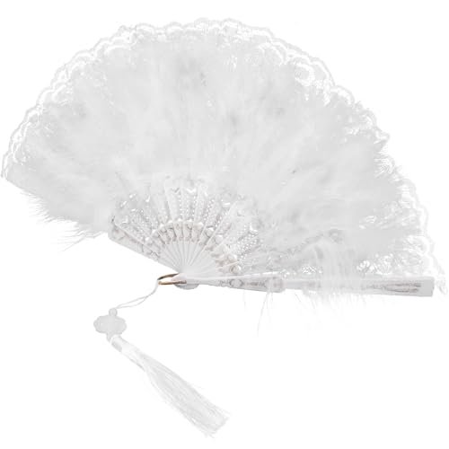 SHINEOFI Abanico Plegable de Encaje Blanco Plumas Dobles Abanico Vintage para Novia y Fiesta Ventilador Manual Decorativo para Baile y Eventos Accesorio Elegante y Tradicional