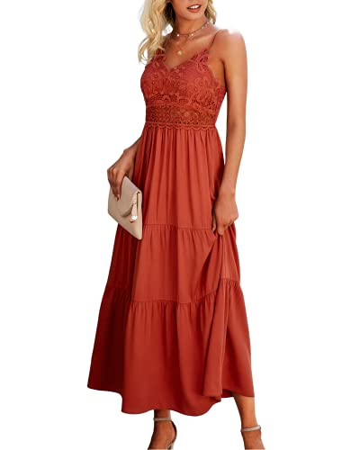 Dokuritu Women s Beach Crochet Lace Maxi Dress Solid Color Summer Spaghetti Strap Long Dress Brickred