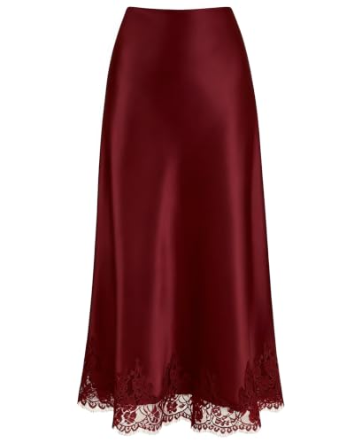 VividMosaic Lace Trim Satin Midi Skirt High Waisted Long Skirt for Women