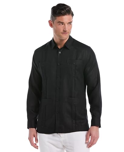 Cubavera Men\'s Regular 100% Linen Four-Pocket Long Sleeve Button-Down Guayabera Shirt (Available in Big & Tall), Jet Black, Large