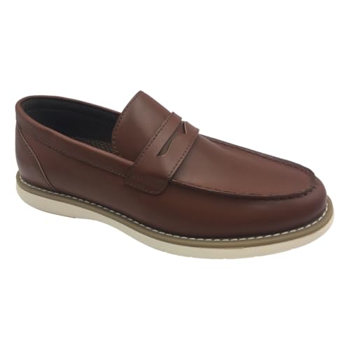 Classic Men's Penny Loafers, Brown Leather, Casual Business Dress Shoes with Comfort Mesh Lining, Comfortable Sole