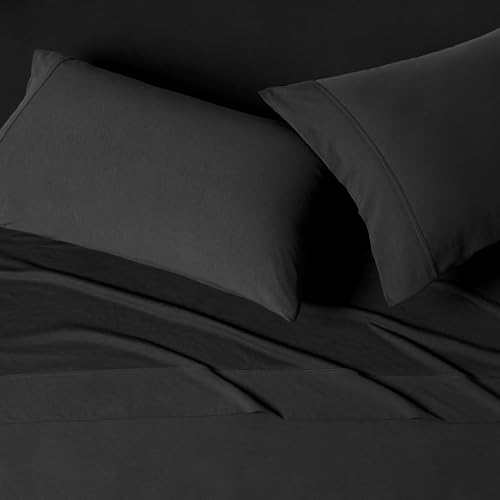 Image of Amazon Basics 100% Cotton Jersey Bed Sheet Set, Queen, Black, Solid