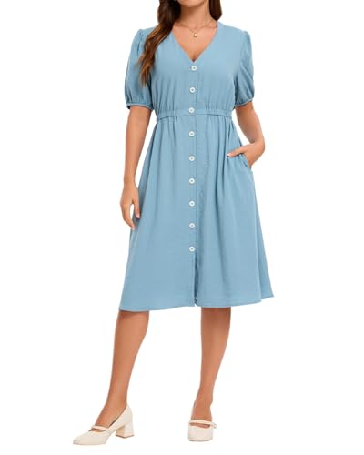 Image of Women Linen Rayon Blend Midi V Neck Button Front Elastic Waist Puff Sleeve Tie Casual Summer Dress