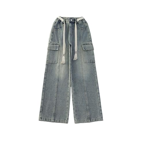 Girls Cargo Jeans Baggy Wide Leg Elastic Waist Denim Pants 𝗩intage Streetwear Trousers with Multi-Pocket