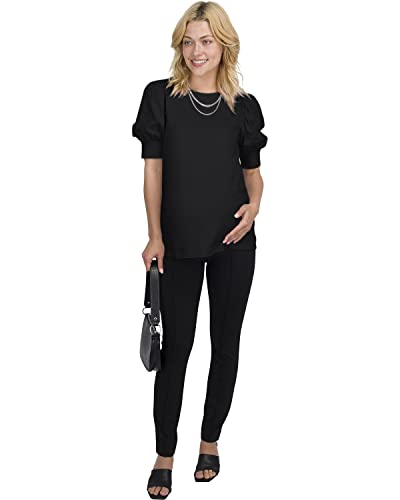 Puff-Sleeve Maternity Work & Casual Top - Maternity Office Wear - Scoop Neck Maternity Blouse Shirt For Women Jet Black #TOP1