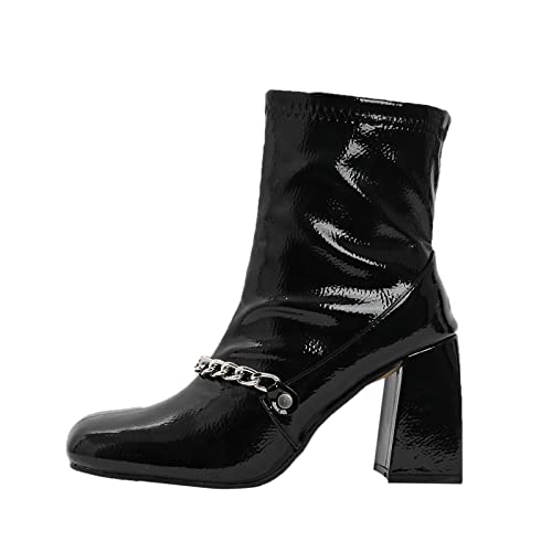 Denim Stiefel für Damen, Herbst und Winter, bequem, einfarbig, quadratisch, dicker Absatz, quadratischer Absatz, Winterstiefel, Schwarz , 37 EU Cover