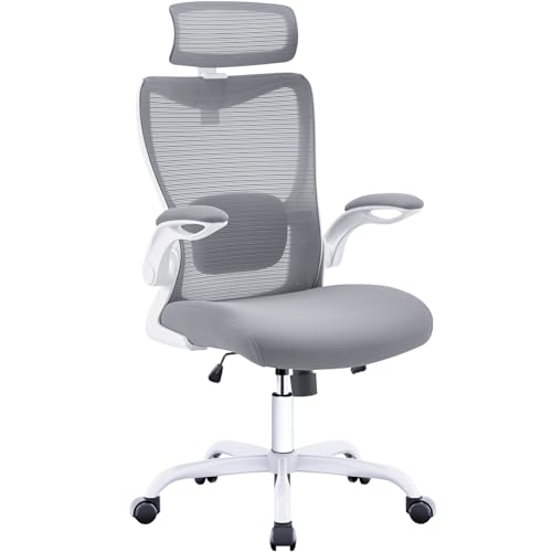 ACMELIFE Bürostuhl Ergonomisch, Schreibtischstuhl Klappbaren Armlehnen, Pc Stuhl Computerstuhl mit Verstellbarer Kopfstütze Lordosenstütze Chefsessel, Höhenverstellung, Wippfunktion, Bis 150kg Grau