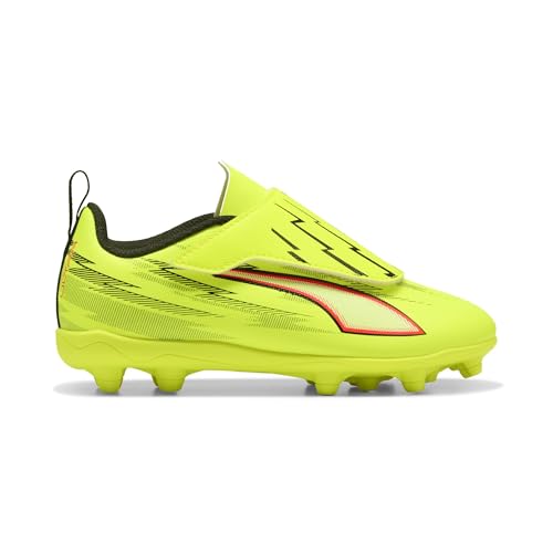 PUMA Ultra 6 Play V FG/AG RB JR Chaussure de Football, Yellow Alert Black-Glowing Red-Lime Squeeze, 2 UK Enfant, Yellow Alert PUMA Squeeze Squeeze Noir/Rouge, 34.5 EU