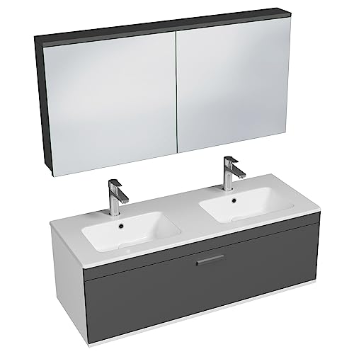 SANIVERRE RUBITE Meuble Salle de Bain Double Vasque 1 tiroir Anthracite Largeur 120 cm + Miroir Armoire