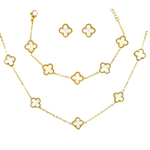 Kit Colar Choker Pulseira E Brinco Trevo Branco Gargantilha Sorte Luxo Elegante Virginia Aço Inox Do