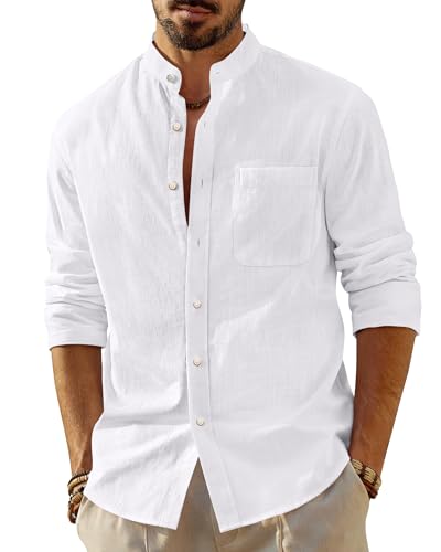 J.VER Linen Shirts Men Cotton Linen Long Sleeve Grandad Collar Summer Casual Banded Collar White Shirt Men Solid Beach Holiday Tops L