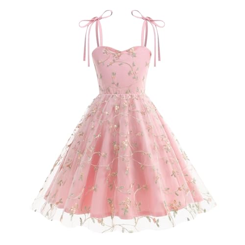 IDOPIP Embroidery Flower Girls Lace Dress for Kids Party Wedding Bridesmaid Communion Tulle Dresses Princess Pageant Birthday Formal Dance Prom Boho Floral Spaghetti Straps Gown Pink 9-10 Years