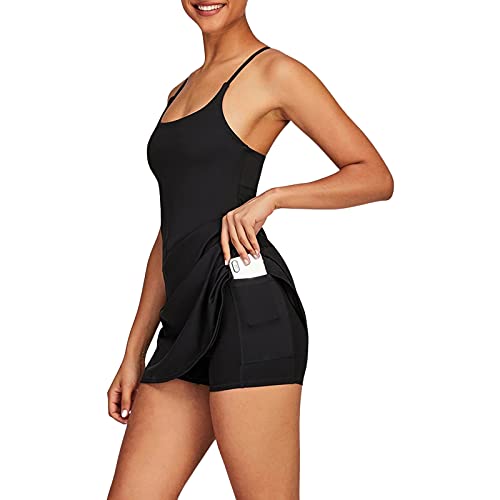 Women 2 in 1 Golf Tennis Dress with Shorts and Built-in Bra Sleeveless Exercise Workout Dresses with Pockets (Black, S)