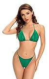 SHEKINI Damen Bikini Set Verstellbar Neckholder Triangel Gesmokte Bikinioberteil Zweiteiliger Badeanzug mit Low Waist Tanga Bikinihose Bademode (XL，Grün)