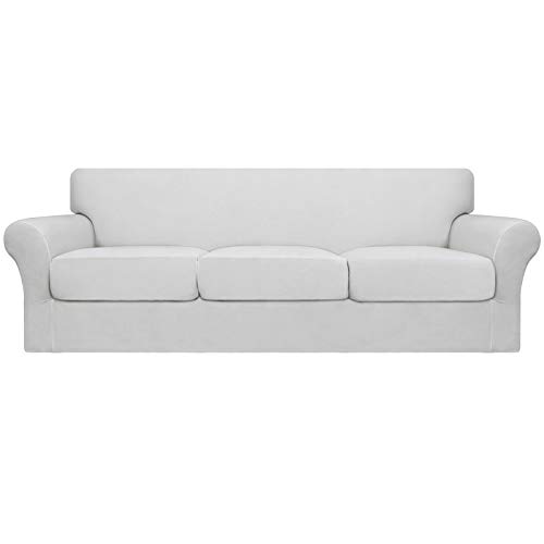 Image of Easy-Going 4 Pieces Oversized Stretch Couch Cover for Dogs Washable | Sectional Sofa Slipcover for 3 Separate Cushion Couch - Elastic Furniture Protector for Pets, Kids Snow White