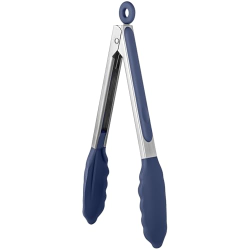 U-Taste 23 cm Silikon-Küchenzange 315℃ hitzebeständige Kochzange mit fest versiegelten Antihaft-Gummispitzen & silikonbeschichtetem Stahlgriff & glatter Verriegelung zum Servieren (Mitternachtsblau)